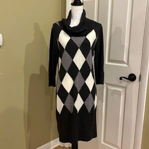 Elegant Black and Gray Argyle Sweater Dress
